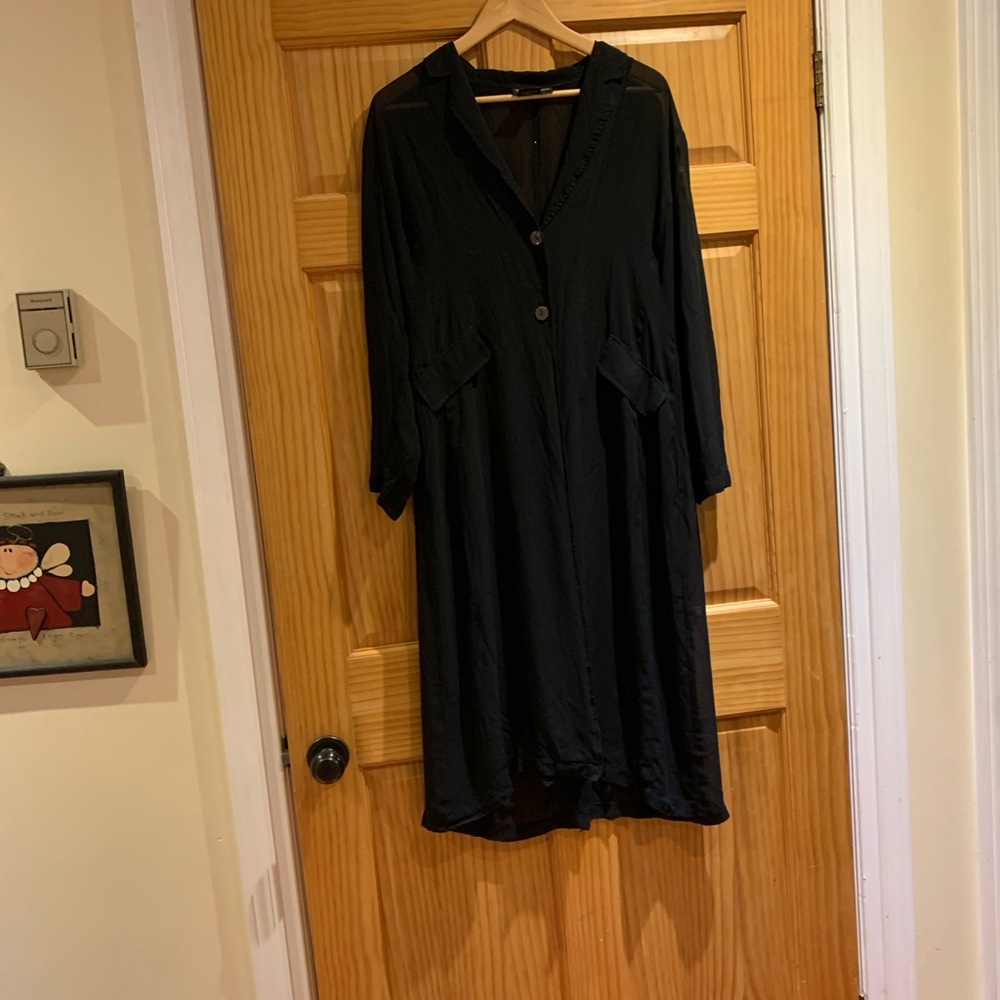 Elegant Black MIDI Button-Up Sheer Coat M
